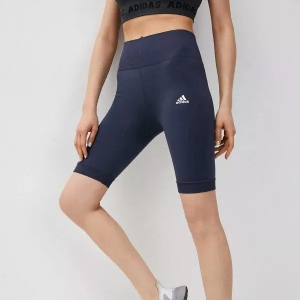 NWT Adidas Women's AEROKNIT Seamless High Rise Bike Shorts HE2960 Navy Blue Sz S